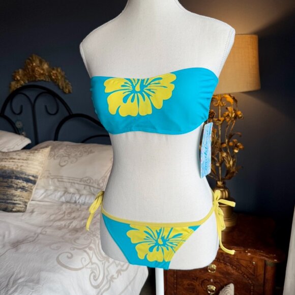 NWT Late 90s Vintage Y2K Aqua and Yellow String Bikini With Skirt - Picture 1 of 12